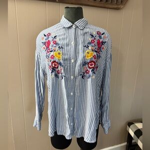 Hollister • Striped Floral Embroidered Long Sleeve Button Down